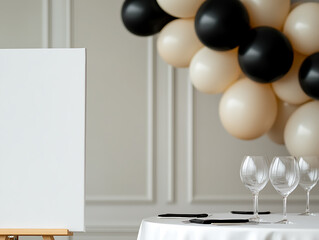 Festive blank canvas with decorative balloons, wine glasses, and table setting create an elegant backdrop for creative events. Celebrate art and special moments.