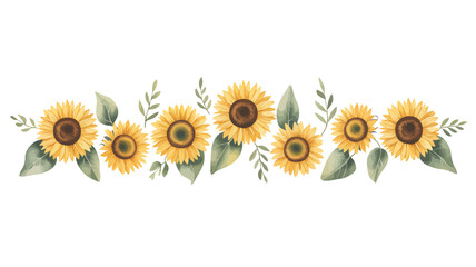 Watercolor Sunflower Border on White Background Elegant Floral Decoration for Invitations and Digital Art Projects Sunny Yellow Blossoms and Green Foliage