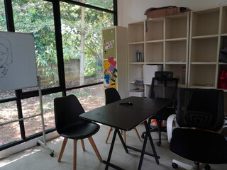 Modern office with natural light, whiteboard, and collaborative workspace for team meetings