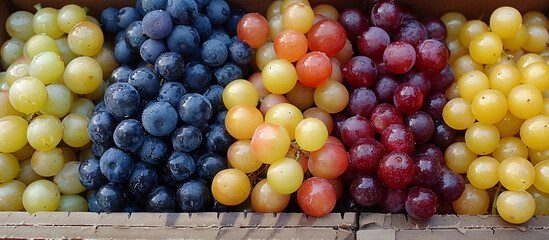 Colorful grapes displayed in wooden box at market