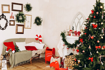 Holiday cozy living room with Christmas decorations and festive spirit