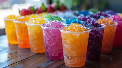 Colorful iced fruit drinks with jelly on a wooden table