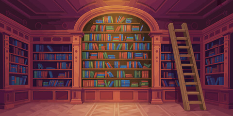 Antique Library Illustration with Bookshelves and Ladder offering a Sense of Knowledge and Exploration for Academic Pursuits