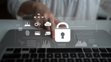 Digital cyber security lock system highlighting data security encryption, cyber password...