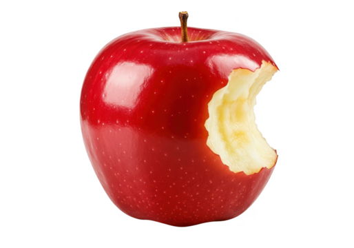 A glossy red apple with a big bite removed isolated on transparent background