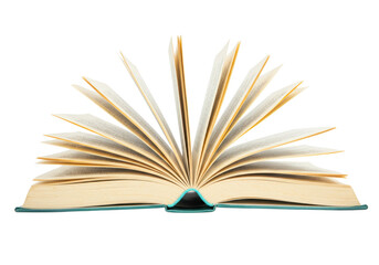 Fototapeta premium A hardcover book opened in the middle with fanned pages isolated on transparent background