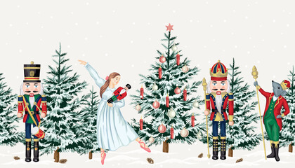 Nutcracker, ballerina, mouse king, Christmas tree, snow, cone seamless border. Merry Christmas, New Year ballet mural.