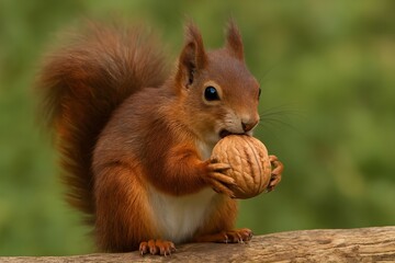 Obraz premium red squirrel eating walnut on branch
