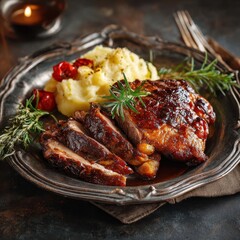 Sliced Roasted Tenderloin with Creamy Mashed Potatoes, Festive Holiday Dish.