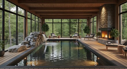 Tranquil indoor pool area with a stone waterfall feature, surrounded by a wooden interior, showcases a peaceful retreat.