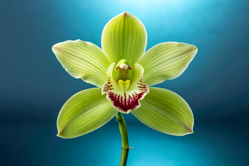 Beautiful Green Orchid Flower on Soft Blue Background