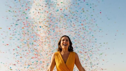 Joyful Woman Celebrating with Colorful Confetti Under a Clear Blue Sky - Happy Moment of Freedom & Success