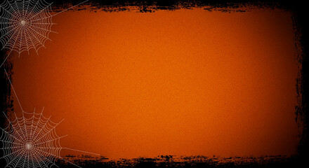 Orange background with textured black border and two spiderwebs, ideal for Halloween design, invitation, or announcement, offering free space for text or image