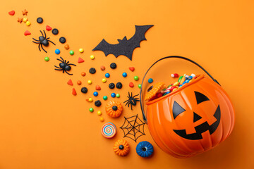 Festive Halloween Treats in Pumpkin Bucket on Bright Orange Background