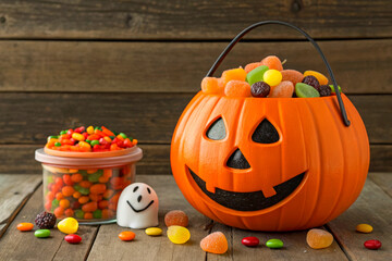 Festive Halloween Pumpkin Bucket Filled with Colorful Candy Treats