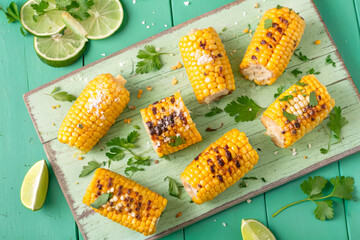 Grilled Corn on Cob with Lime and Cilantro on Rustic Green Background