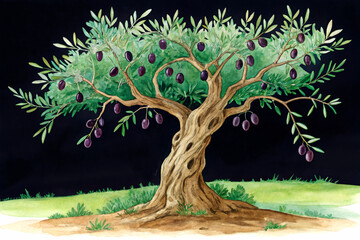 Olive Tree with Rich Green Foliage and Plump Black Olives