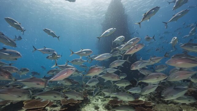 Underwater shot of the SS President Taylor shipwreck with huge school of silver fish in bright sunlight, Canton Island, Kiribati