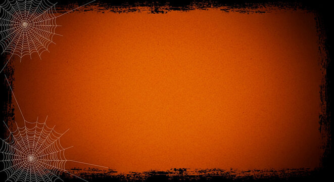 Orange background with textured black border and two spiderwebs, ideal for Halloween design, invitation, or announcement, offering free space for text or image