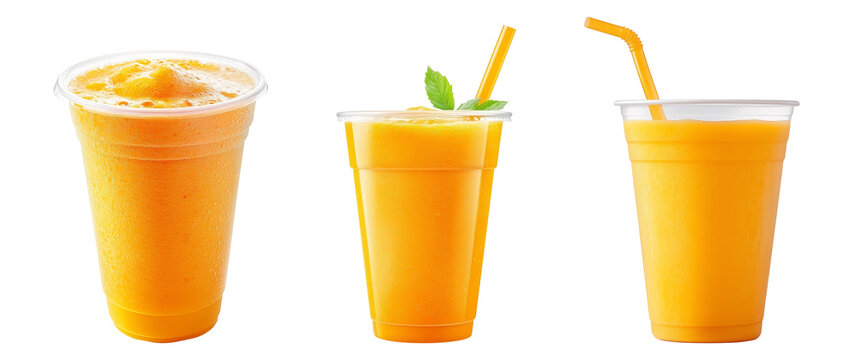 Orange juice in plastic cup isolated.