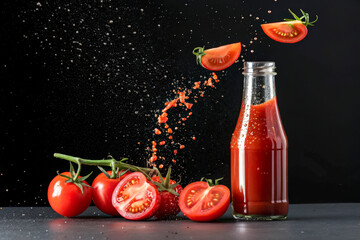 Fresh Tomato Juice Splash in Bottle with Tomatoes and Slices