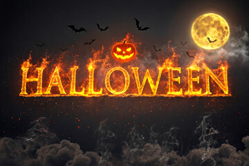 Spooky Halloween Banner with Fire, Bat, and Full Moon Elements