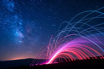 Colorful Light Trails Against Night Sky and Starry Background