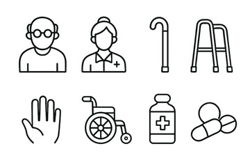 Set of senior care icons on a transparent background  