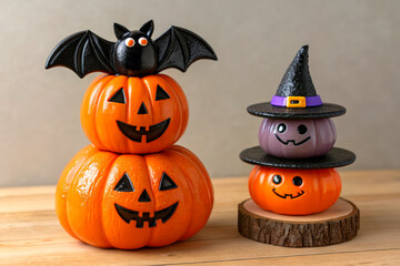 Festive Halloween Decorations Featuring Colorful Pumpkins and Bats