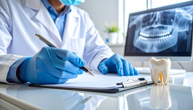 Dentist analyzing dental x-ray and writing notes on patient's chart, Medical professional making notes on patient's chart near a large tooth model - Powered by Adobe
