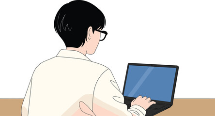 Focused Laptop User Illustration – Rear View of Person Working at Desk for Remote Work, Education, Technology, and Digital Design Use