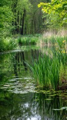 Obraz premium Lush Greenery and Calm Reflections on a Secluded Woodland Waterway.
