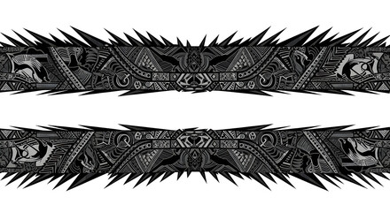 Intricate tribal pattern with mythical creatures for unique designs or striking, edgy graphic elements