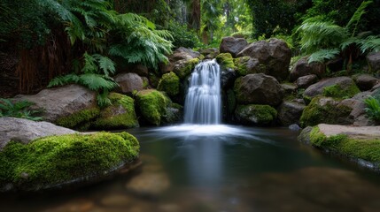 Obraz premium Serene waterfall flows into a tranquil pond surrounded by lush green mossy rocks in a peaceful forest nature scene