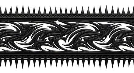 Intricate black tribal pattern with spiky border, perfect for edgy design elements and creative projects