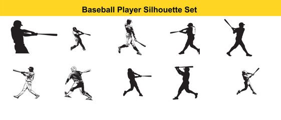 Baseball Player Silhouette Set | Batting, Pitching, Running, Catching | Sports Vector Collection
