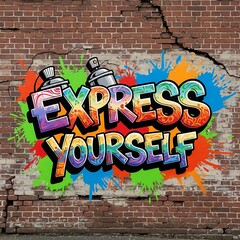 Vibrant graffiti art adorns a brick wall, showcasing the message "Express Yourself" in bold, colorful lettering.