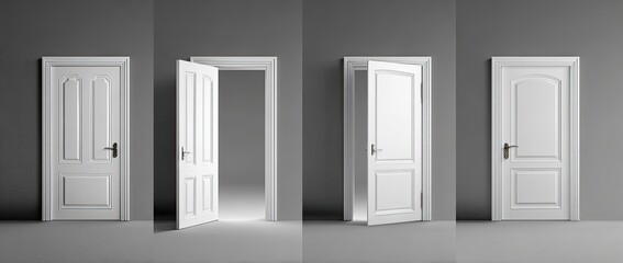 Three white doors against gray walls, two open