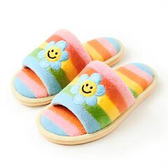 Rainbow Plush Slippers with Smiley Flower Patch &ndash; Cozy Indoor Footwear

