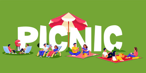 Vector illustration of the word picnic on green background and people on bbq. Design for food festival banner, poster
