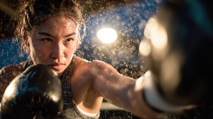 Girl boxing with gloves, strong punch captured mid-motion against a heavy bag, flying sweat droplets frozen in time, dramatic backlight highlighting her silhouette