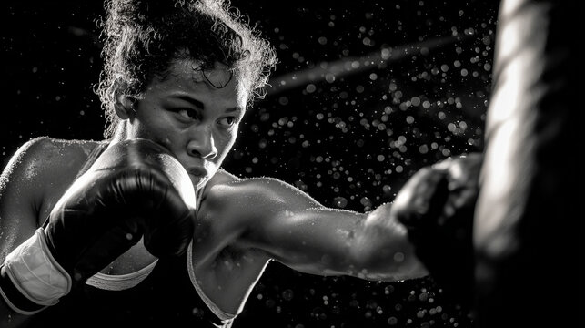 Girl boxing with gloves, strong punch captured mid-motion against a heavy bag, flying sweat droplets frozen in time, dramatic backlight highlighting her silhouette - Powered by Adobe
