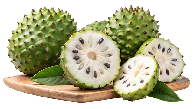 Fresh soursop fruit cut open revealing seeds and pulp isolated on transparent background