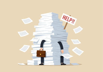 Cartoon illustration of a businessman buried in paperwork with a sign that says HELP!!.