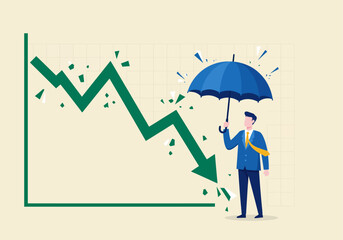 Illustration of a man with an umbrella protecting against a falling stock market line.