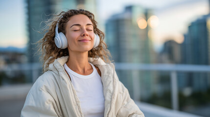 Serene rooftop morning meditation, woman sitting with closed eyes and headphones, light breeze moving her hair, skyscrapers softly lit in the background, concept of mindful urban l