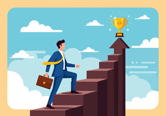 Businessman climbing stairs towards a trophy, representing success and achievement.