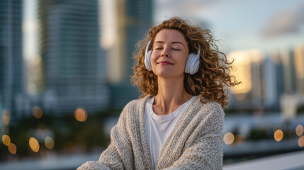 Serene rooftop morning meditation, woman sitting with closed eyes and headphones, light breeze moving her hair, skyscrapers softly lit in the background, concept of mindful urban l