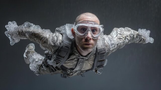 A man in a flight suit covered in bubble wrap is skydiving in freefall position. The man stretches his arms and legs outward, with bubble wrap fluttering in the wind.
