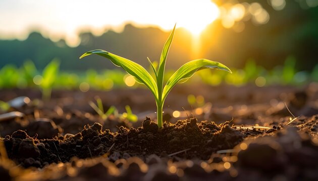 Golden Hour Seedling, Dawn's Promise: A Corn Sprout Basking in the Sun's Embrace